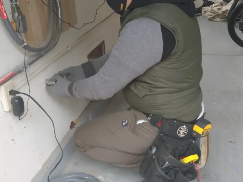 Electrician performing outlet wiring in a Dinuba garage